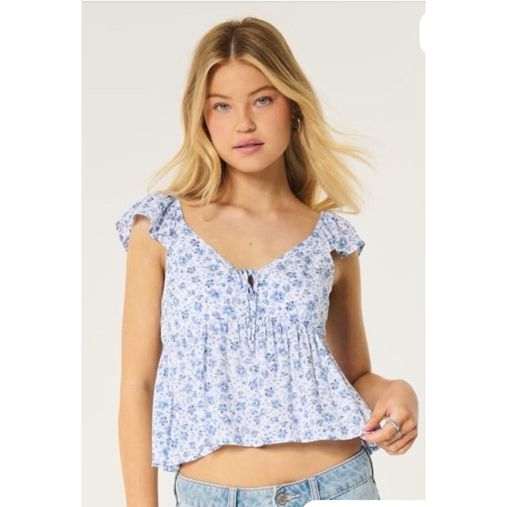 Hollister Blue Floral Milkmaid, Cottagecore Boho Ruffle Sleeve Peplum